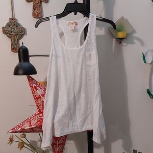 Semisheer White Racerback Sharkbite Tank Top With Tiny Pocket